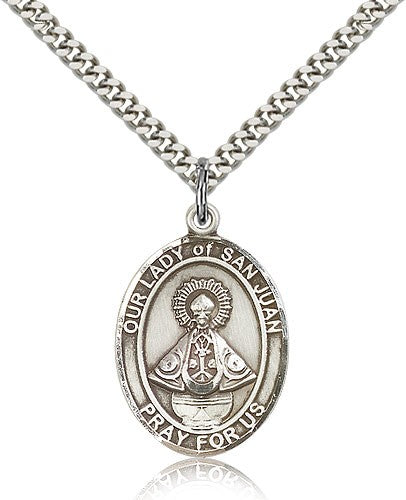 Our Lady of San Juan Medal, Sterling Silver, Large - 24&quot; 2.4mm Rhodium Plate Chain + Clasp