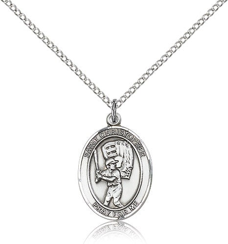 St. Christopher Baseball Medal, Sterling Silver, Medium - 18&quot; 1.2mm Sterling Silver Chain + Clasp