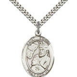 St. Edwin Medal, Sterling Silver, Large - 24&quot; 2.4mm Rhodium Plate Chain + Clasp