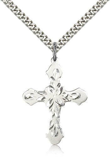 Cross Pendant, Sterling Silver - 24&quot; 2.4mm Rhodium Plate Endless Chain