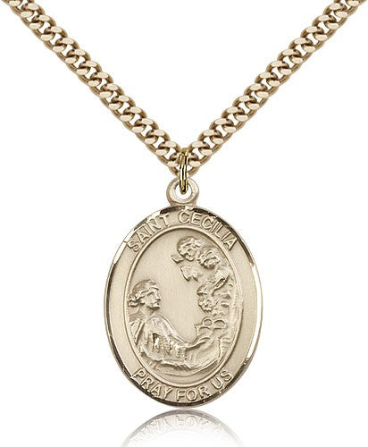 St. Cecilia Medal, Gold Filled, Large - 24&quot; 2.4mm Gold Plated Chain + Clasp