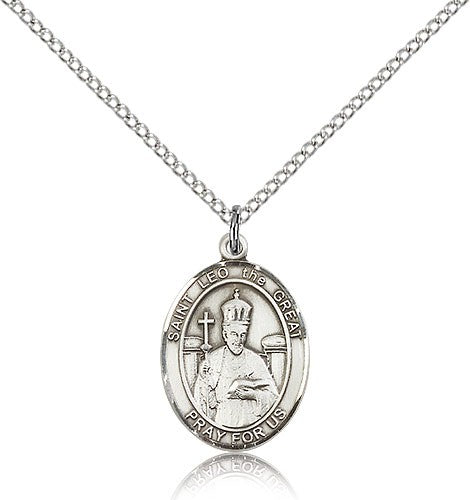 St. Leo the Great Medal, Sterling Silver, Medium - 18&quot; 1.2mm Sterling Silver Chain + Clasp