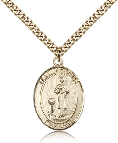 St. Genesius of Rome Medal, Gold Filled, Large - 24&quot; 2.4mm Gold Plated Chain + Clasp