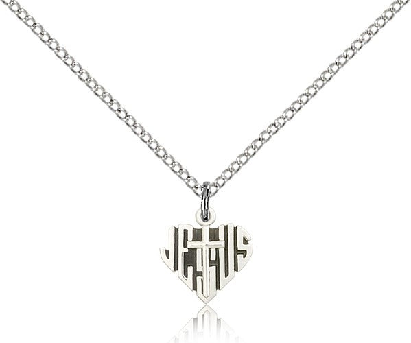 Heart of Jesus Cross Pendant, Sterling Silver - 18&quot; 1.2mm Sterling Silver Chain + Clasp