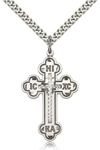 Cross Pendant, Sterling Silver - 24&quot; 2.4mm Rhodium Plate Endless Chain