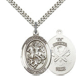St. George National Guard Medal, Sterling Silver, Large - 24&quot; 2.4mm Rhodium Plate Chain + Clasp