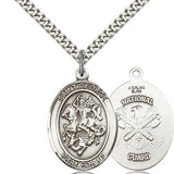 St. George National Guard Medal, Sterling Silver, Large - 24&quot; 2.4mm Rhodium Plate Chain + Clasp