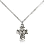 5 Way Cross Chalice Medal, Sterling Silver - 18&quot; 1.2mm Sterling Silver Chain + Clasp