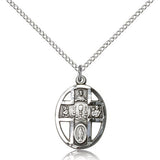 5 Way Cross Chalice Medal, Sterling Silver - 18&quot; 1.2mm Sterling Silver Chain + Clasp