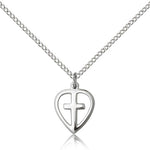 Heart Cross Pendant, Sterling Silver - 18&quot; 1.2mm Sterling Silver Chain + Clasp