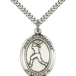 St. Christopher Softball Medal, Sterling Silver, Large - 24&quot; 2.4mm Rhodium Plate Chain + Clasp