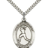 St. Christopher Softball Medal, Sterling Silver, Large - 24&quot; 2.4mm Rhodium Plate Chain + Clasp