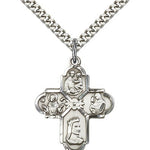 Franciscan 4 Way Cross Pendant, Sterling Silver - 24&quot; 2.4mm Rhodium Plate Endless Chain