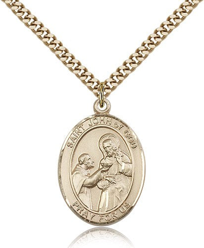 St. John of God Medal, Gold Filled, Large - 24&quot; 2.4mm Gold Plated Chain + Clasp