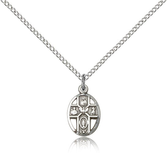 5 Way Cross Pendant, Sterling Silver - 18&quot; 1.2mm Sterling Silver Chain + Clasp