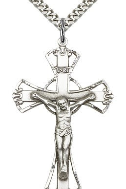 Crucifix Pendant, Sterling Silver - 24&quot; 2.4mm Rhodium Plate Chain + Clasp