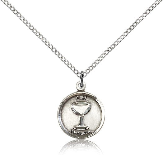 Communion Medal, Sterling Silver - 18&quot; 1.2mm Sterling Silver Chain + Clasp