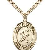 St. Sebastian Soccer Medal, Gold Filled, Large - 24&quot; 2.4mm Gold Plated Chain + Clasp