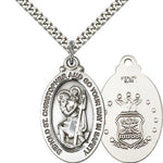 St. Christopher Air Force Medal, Sterling Silver - 24&quot; 2.4mm Rhodium Plate Endless Chain