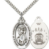 St. Christopher Air Force Medal, Sterling Silver - 24&quot; 2.4mm Rhodium Plate Endless Chain