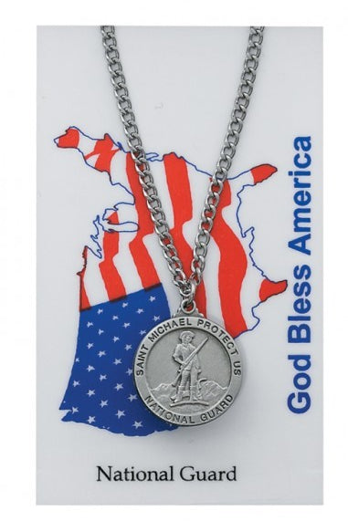 Round St. Michael National Guard Medal and Prayer Card Set - Silver-tone