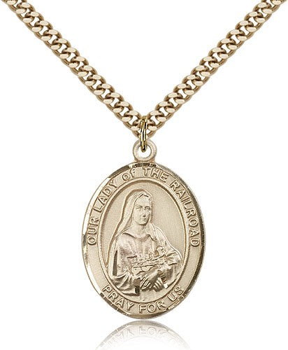 Our Lady of the Railroad Medal, Gold Filled, Large - 24&quot; 2.4mm Gold Plated Chain + Clasp