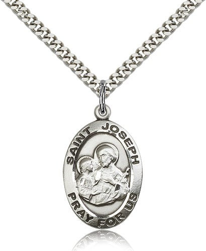 St. Joseph Medal, Sterling Silver - 24&quot; 2.4mm Rhodium Plate Endless Chain