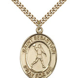 St. Sebastian Football Medal, Gold Filled, Large - 24&quot; 2.4mm Gold Plated Chain + Clasp