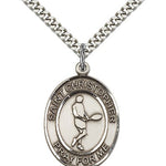 St. Christopher Tennis Medal, Sterling Silver, Large - 24&quot; 2.4mm Rhodium Plate Chain + Clasp