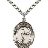 St. Christopher Tennis Medal, Sterling Silver, Large - 24&quot; 2.4mm Rhodium Plate Chain + Clasp