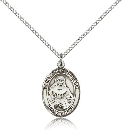 St. Julie Billiart Medal, Sterling Silver, Medium - 18&quot; 1.2mm Sterling Silver Chain + Clasp