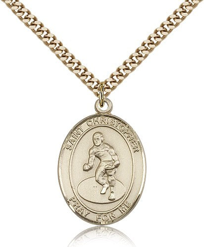 St. Christopher Wrestling Medal, Gold Filled, Large - 24&quot; 2.4mm Gold Plated Chain + Clasp
