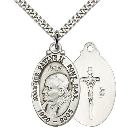 Pope John Paul II Medal, Sterling Silver - 24&quot; 2.4mm Rhodium Plate Endless Chain