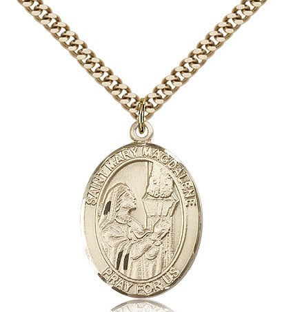 St. Mary Magdalene Medal, Gold Filled, Large - 24&quot; 2.4mm Gold Plated Chain + Clasp