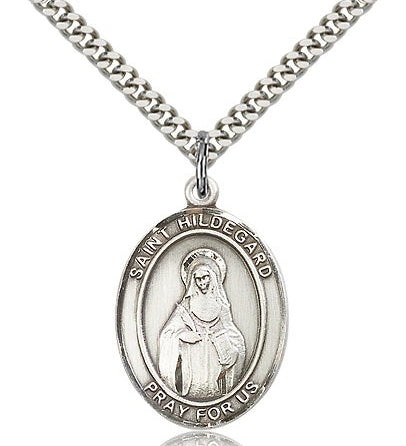 St. Hildegard Von Bingen Medal, Sterling Silver, Large - 24&quot; 2.4mm Rhodium Plate Chain + Clasp