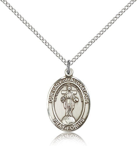 Our Lady of All Nations Medal, Sterling Silver, Medium - 18&quot; 1.2mm Sterling Silver Chain + Clasp