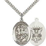 St. George Navy Medal, Sterling Silver, Large - 24&quot; 2.4mm Rhodium Plate Chain + Clasp