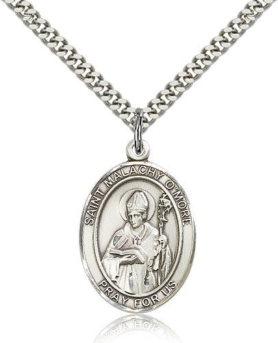 St. Malachy O'more Medal, Sterling Silver, Large - 24&quot; 2.4mm Rhodium Plate Chain + Clasp