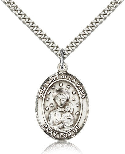 Our Lady of La Vang Medal, Sterling Silver, Large - 24&quot; 2.4mm Rhodium Plate Chain + Clasp