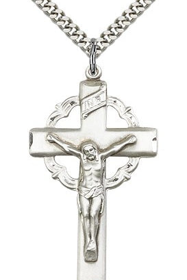 Crucifix Pendant, Sterling Silver - 24&quot; 2.4mm Rhodium Plate Endless Chain