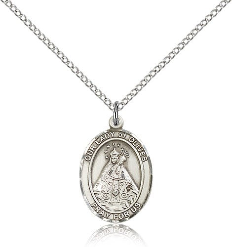 Our Lady of Olives Medal, Sterling Silver, Medium - 18&quot; 1.2mm Sterling Silver Chain + Clasp