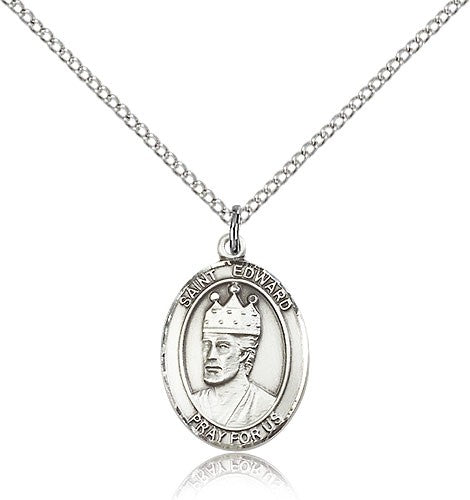 St. Edward the Confessor Medal, Sterling Silver, Medium - 18&quot; 1.2mm Sterling Silver Chain + Clasp
