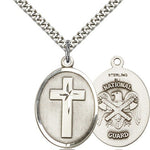 National Guard Cross Pendant, Sterling Silver - 24&quot; 2.4mm Rhodium Plate Endless Chain