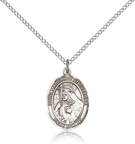 St. Margaret of Cortona Medal, Sterling Silver, Medium - 18&quot; 1.2mm Sterling Silver Chain + Clasp
