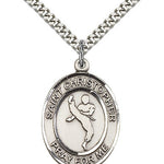 St. Christopher Martial Arts Medal, Sterling Silver, Large - 24&quot; 2.4mm Rhodium Plate Chain + Clasp