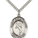 St. Christopher Martial Arts Medal, Sterling Silver, Large - 24&quot; 2.4mm Rhodium Plate Chain + Clasp