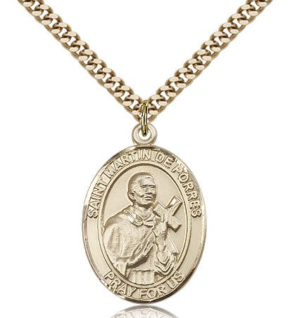 St. Martin De Porres Medal, Gold Filled, Large - 24&quot; 2.4mm Gold Plated Chain + Clasp