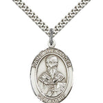 St. Alexander Sauli Medal, Sterling Silver, Large - 24&quot; 2.4mm Rhodium Plate Chain + Clasp