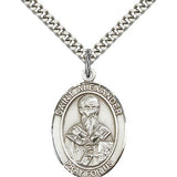 St. Alexander Sauli Medal, Sterling Silver, Large - 24&quot; 2.4mm Rhodium Plate Chain + Clasp