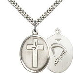 Paratrooper Cross Pendant, Sterling Silver - 24&quot; 2.4mm Rhodium Plate Endless Chain